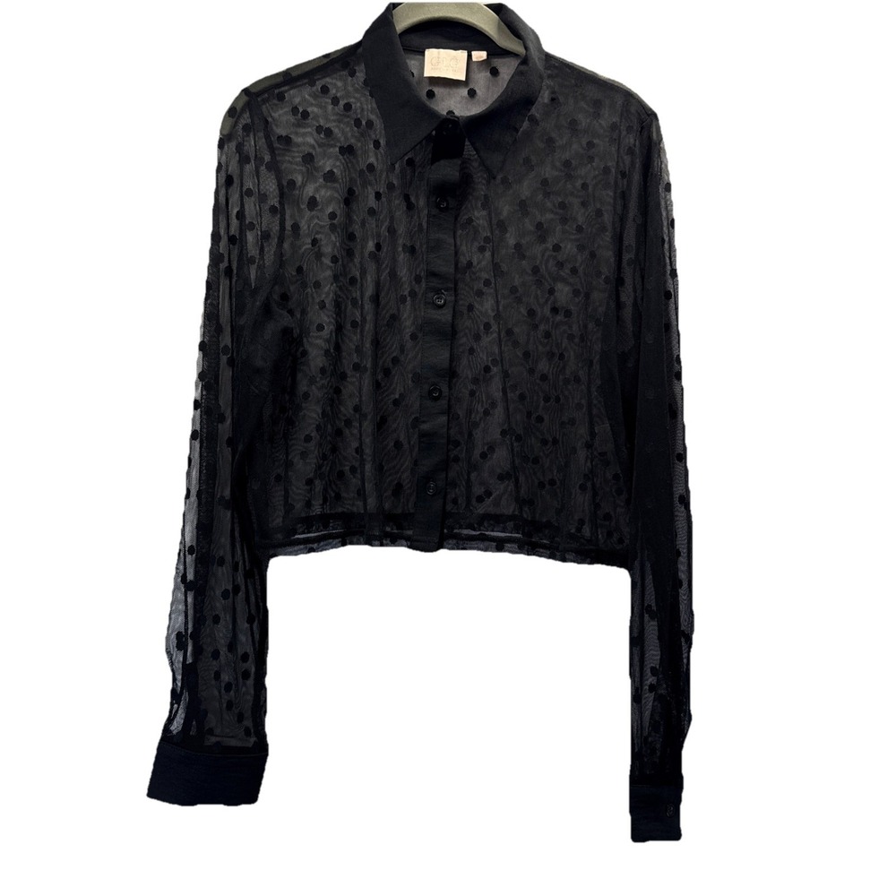 GLG Women's Top Sz Large Black Sheer Polka Dots Fairy Whimsigoth Long Sleeve Y2K